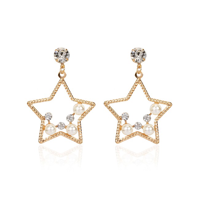 LRC Anting Tusuk Fashion Golden Imitation Pearl Alloy Five-pointed Star Diamond Earrings K44379