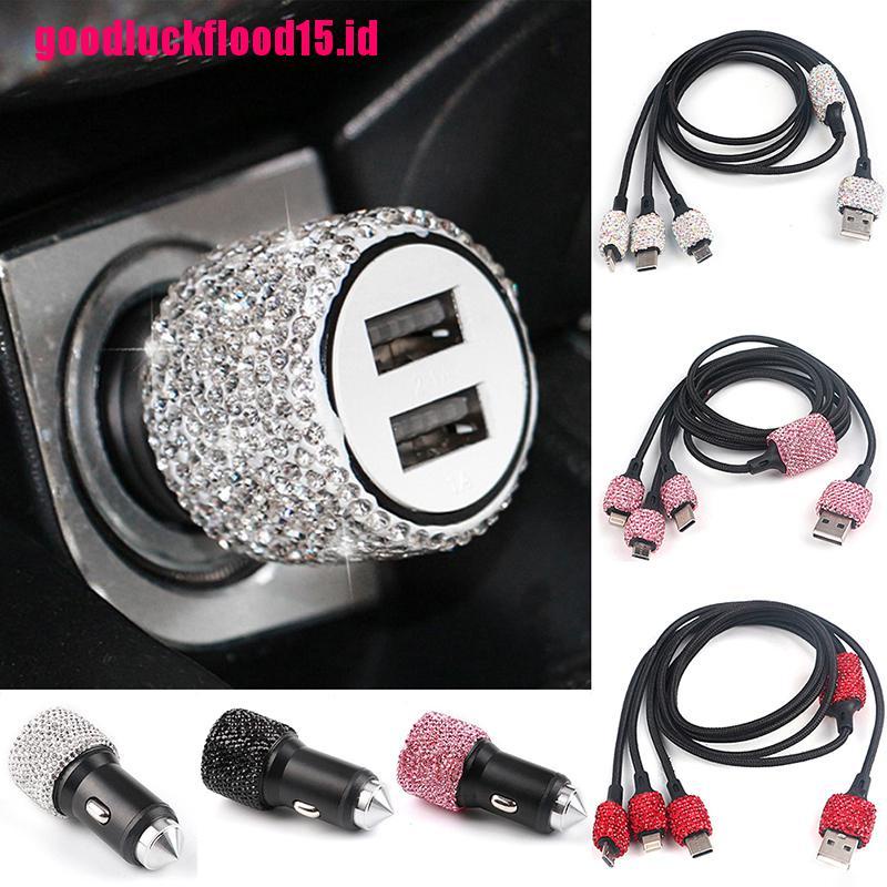 (LUCKID) Kabel Charger Dual Port USB Aksen Berlian Imitasi Bling Untuk Mobil