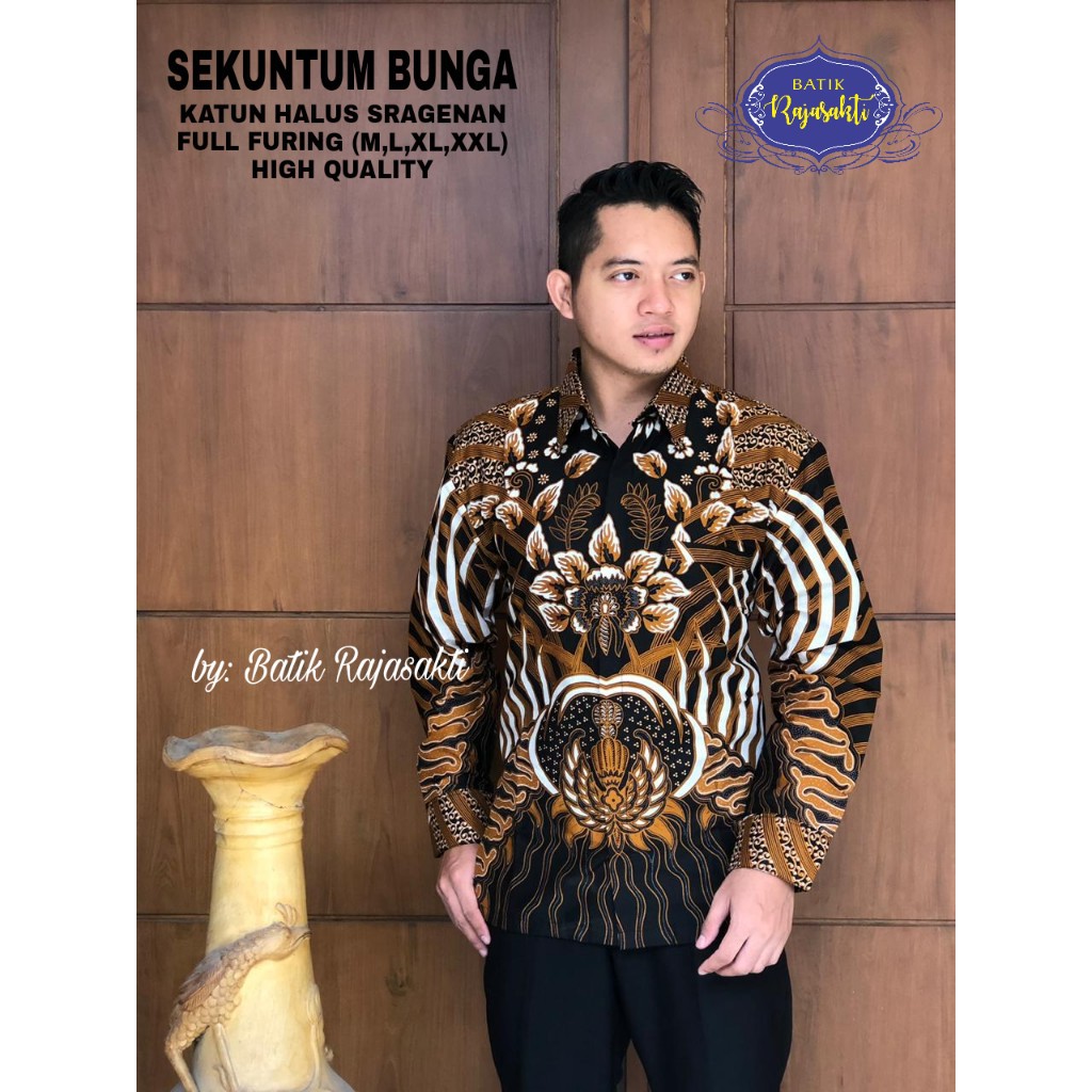 SEKUNTUM BUNGA RAJASAKTI KEMEJA BATIK SOLO PRIA LENGAN PANJANG LAPIS FURING ATASAN BATIK PREMIUM MODERN KATUN HALUS BAHUWIRYA  BANAMITRA BANAMITRA PUTIH BANGSAWAN BAYU PUTRA BERLIAN BIRU BHARATAYUDA BIMASENA BIRENDRA BIRU INDAH BRAHMAKERTA BRAHMAKERTA