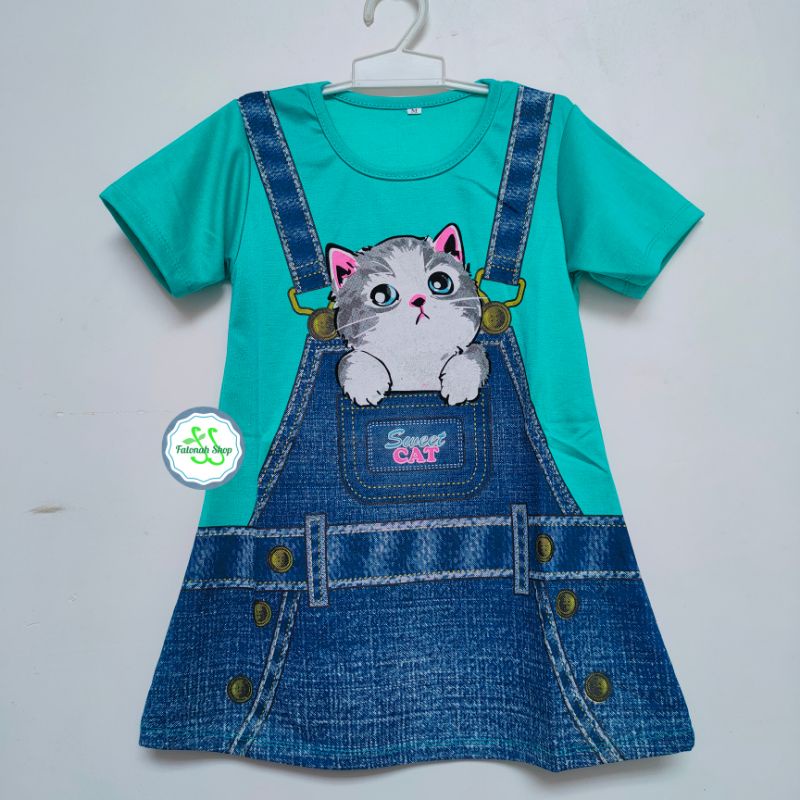 Dress Anak 1 2 3  tahun KUCING cat bear unyu adem Model baru fatonah shop jawa tengah merah kuning pink oren murah ( Dress DENIMA )