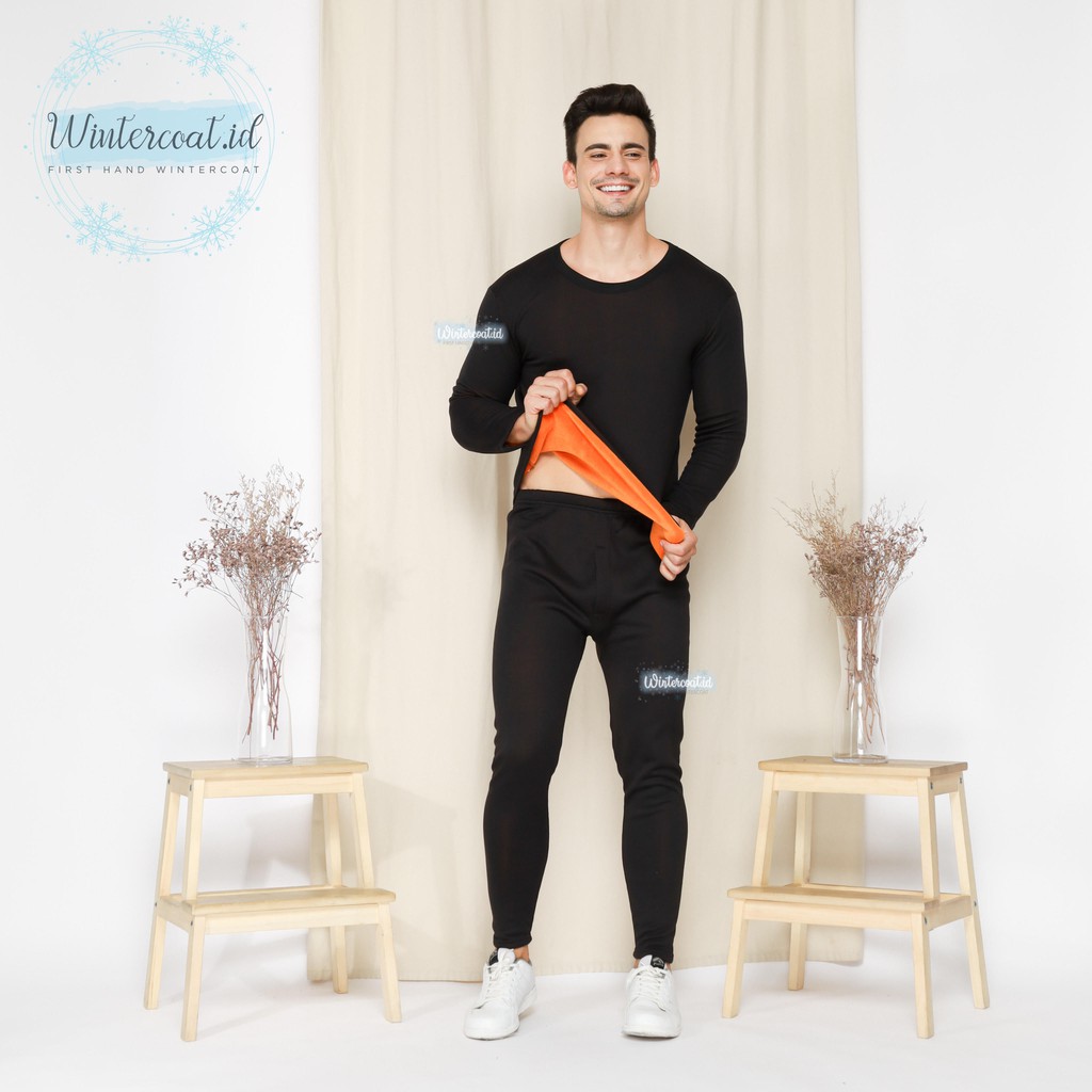 Premium 1 set Longjohn Winter Pria / Wanita thermal underwear long john musim dingin-Black (Pria)