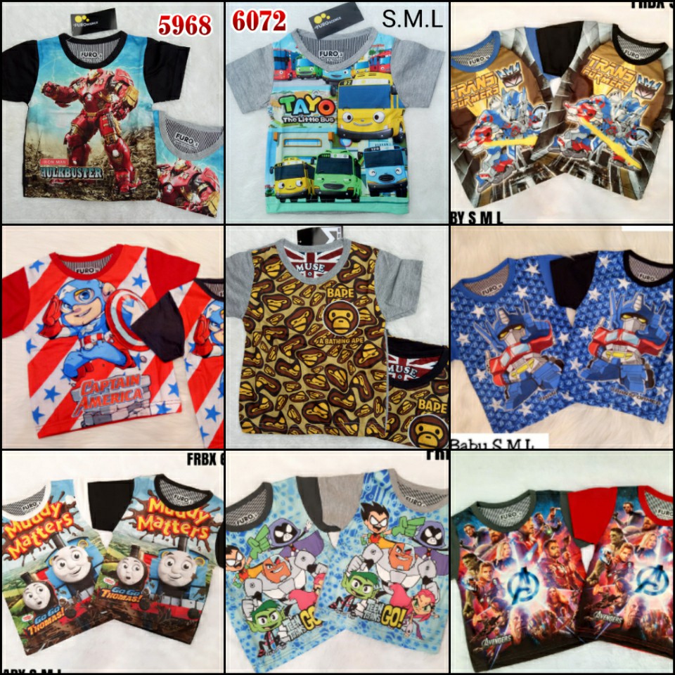Kaos Furo Anak Laki Baby Bayi S.M.L Tayo / Atasan Anak Cowok Avengers / Cars / Spiderman Made in Tha
