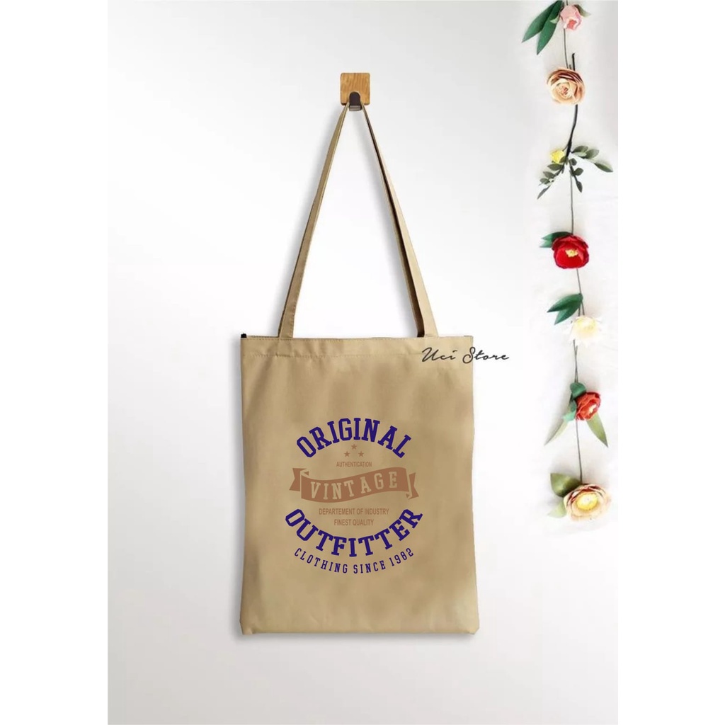 [PAKAI RESLETING] Tas tote bag wanita korea aesthetic ORIGINAL VIntage 2 //ukuran besar // sablon rapi // tas tote bag murah // totebag resleting aesthetic korea (Toko Uci)