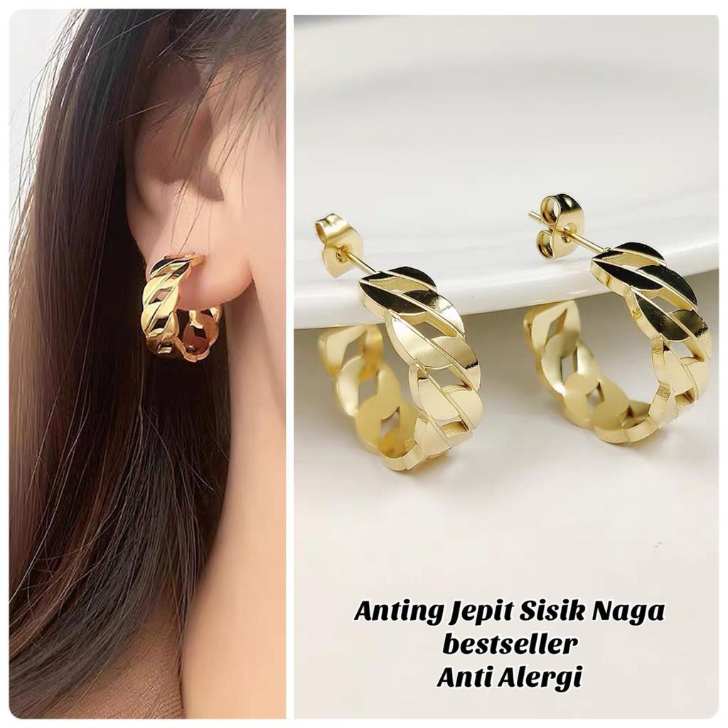 Anting Hoop earrings hermece Titanium woman Jepit Sisik Naga Gold Titanium Anti Luntur