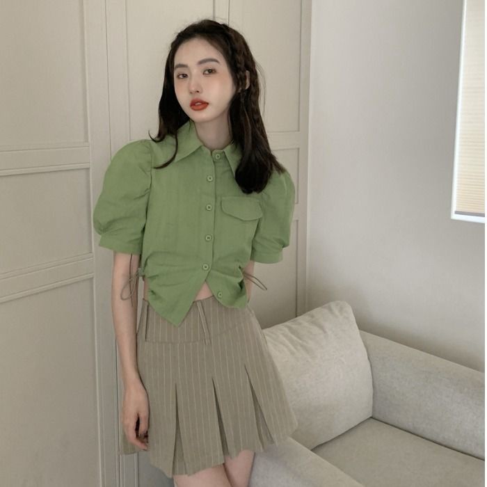 blus korea kemeja lengan engah putih kemeja perancis wanita lengan pendek cropped chic top