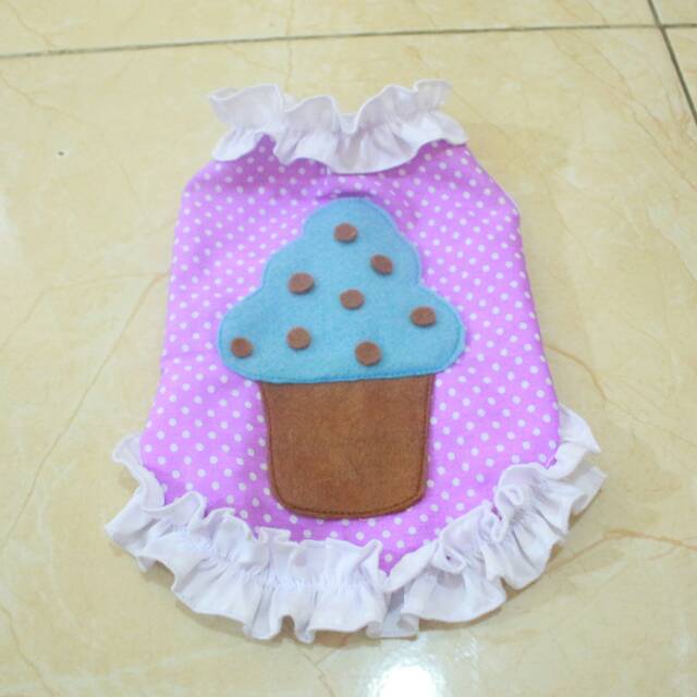 Baju cupcake ungu polkadot renda-renda untuk kucing dan anjing (baju kucing murah size S M L XL)