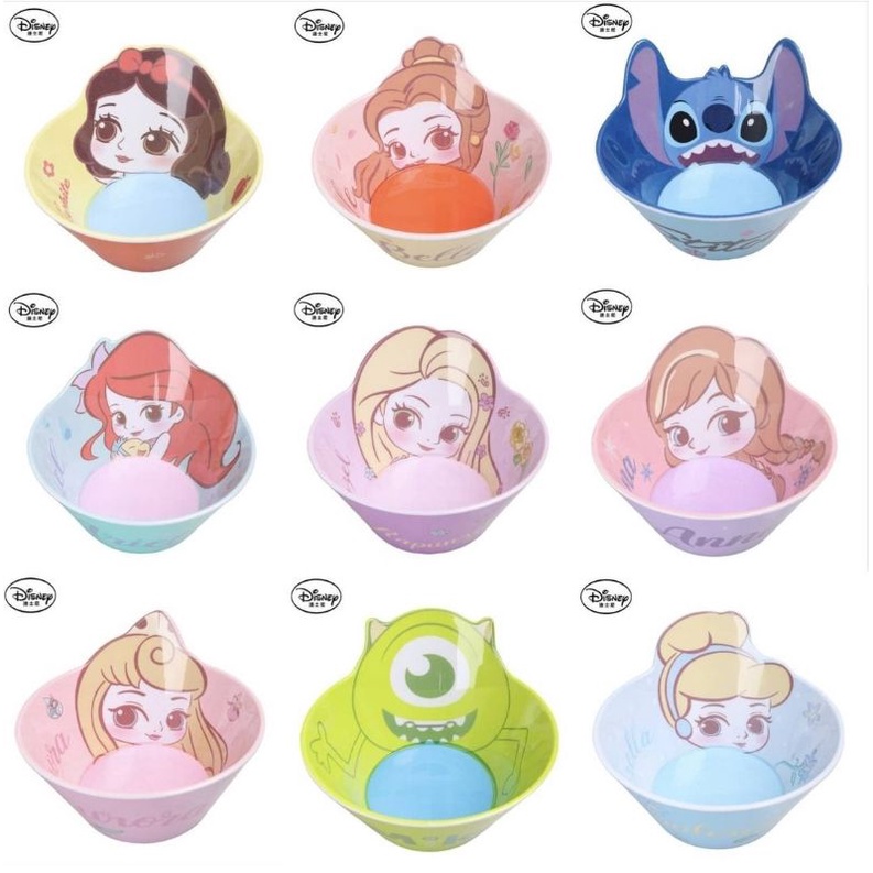 Mangkok Melamine Import ORIGINAL DISNEY Rapunzel Ariel Stitch Anna Snow White Cinderella Aurora Belle Mike Mickey Minnie Donald Daisy