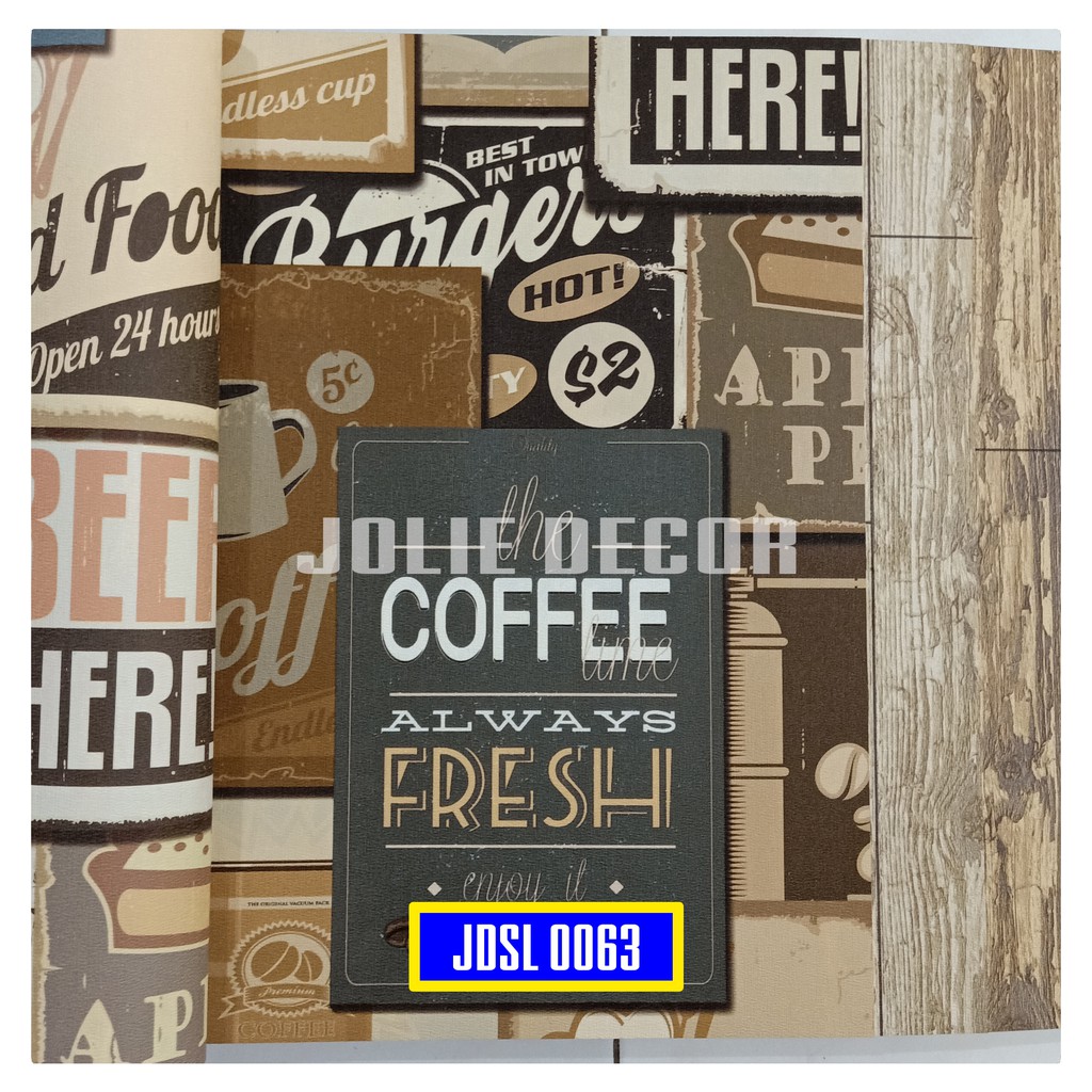 Wallpaper Dinding Vinyl Motif Vintage Coffee Shop Collage Coklat