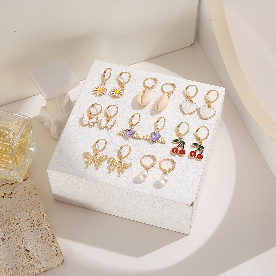 AY(CN) 16pcs/set Cute Pearl Shell Drop Earring Set Colorful Heart Butterfly Flower Cherry Hoop Earrings for Women Accessories Jewelry