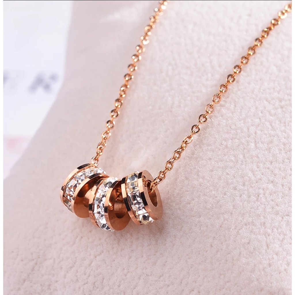 Kalung Rantai Titanium 3 Ring Kristal Putih Tersedia Warna Rosegold dan Gold