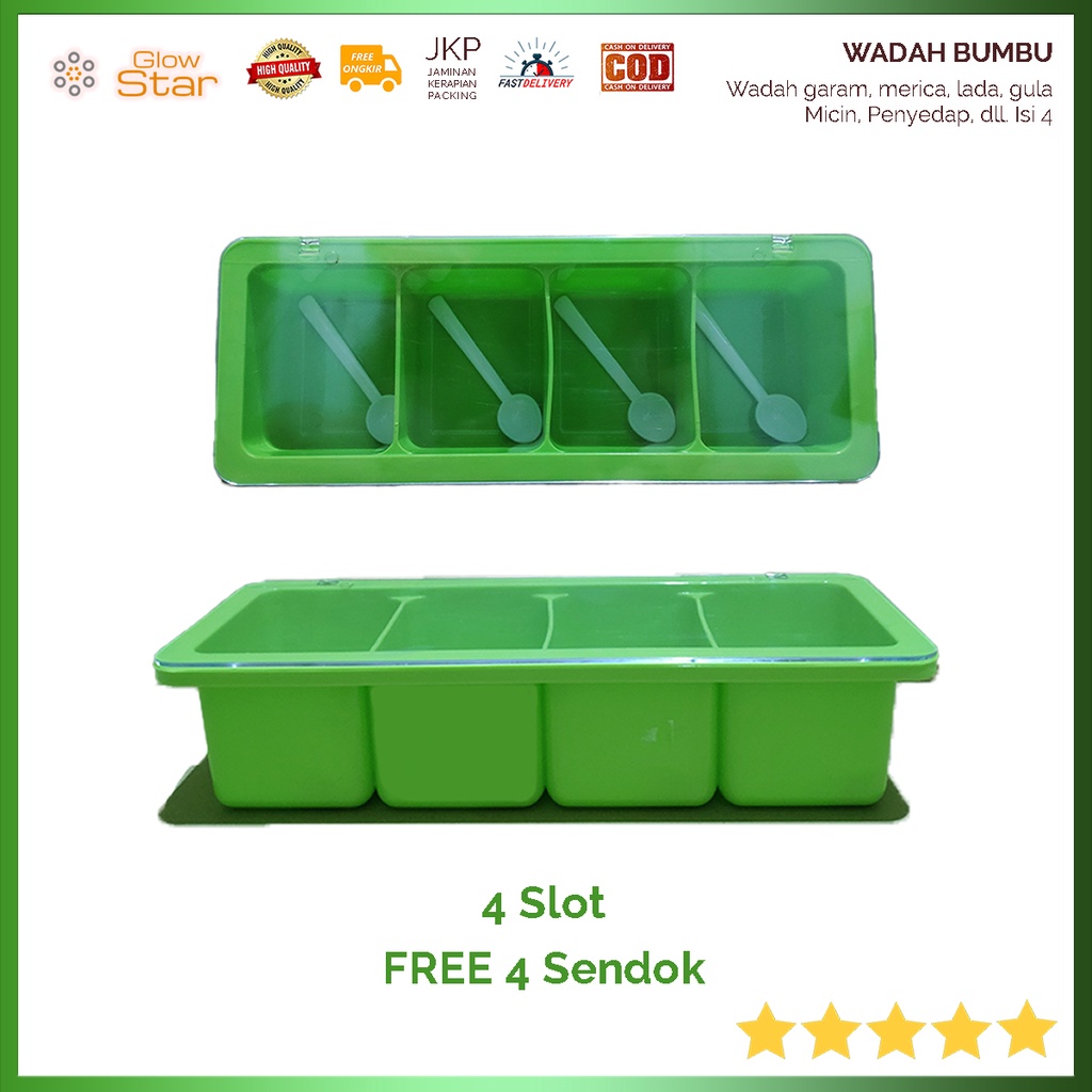 Wadah 4 slot plastik, tempat garam, merica, gula, penyedap bumbu dapur, bubuk dengan penutup akrilik