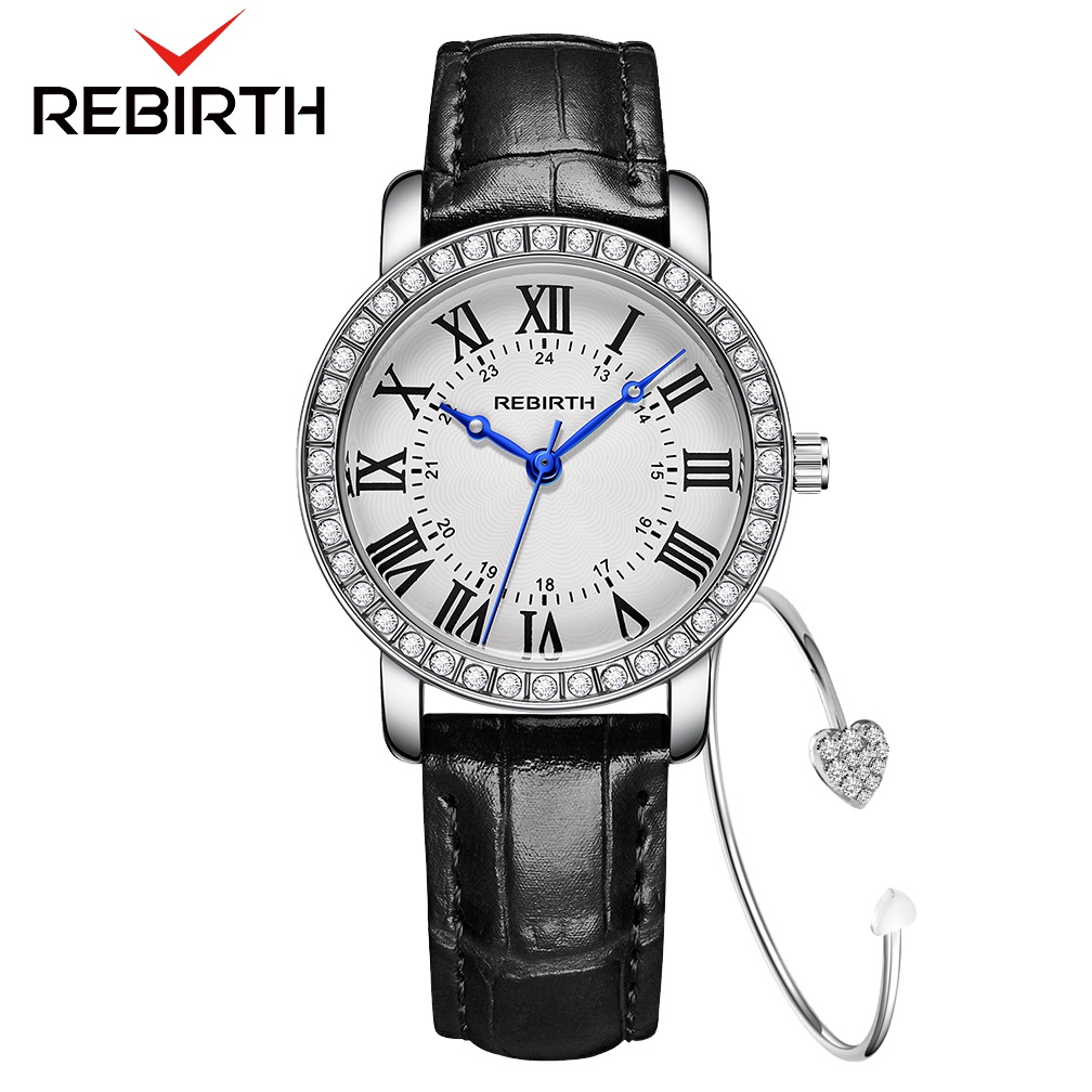 REBIRTH Jam Tangan Wanita Santai Olahraga Roman Dial Tali Kulit Tahan Air Kuarsa Jam Tangan Cewek-BlackWhite