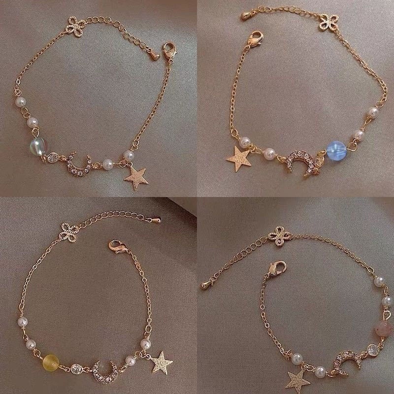 Gelang Rantai Adjustable Pendan Bintangbulan Hias Zirconmutiara Imitasi Gaya Korea