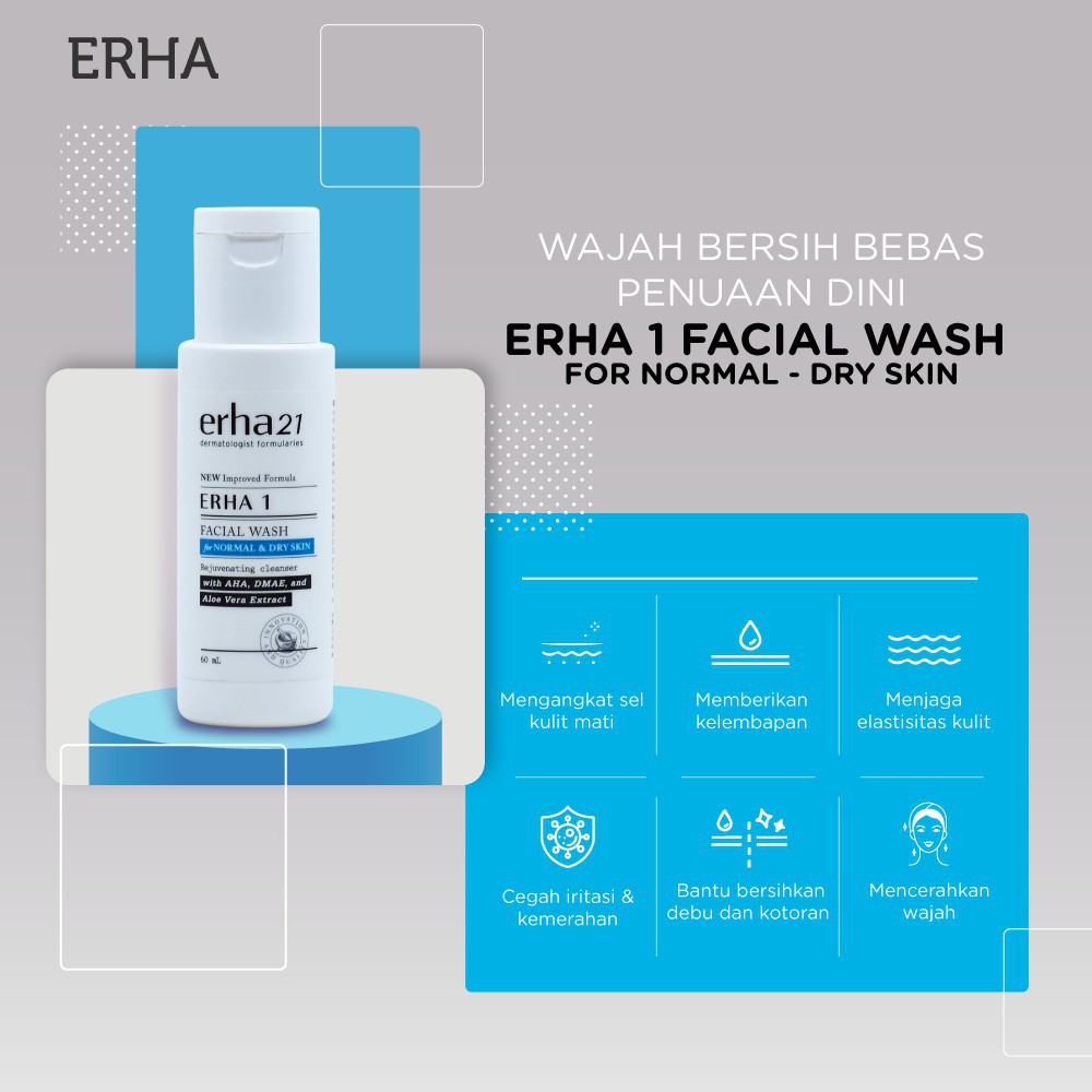 ERHA 21 Facial Wash For Normal &amp; Dry Skin with AHA, DMAE &amp; Aloe Vera Extract / Sabun Wajah LDA