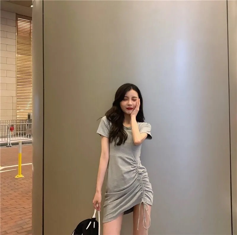 Dress Bodycon Sexy Model Slim Lengan Pendek Warna Polos Dengan Tali Serut Untuk Wanita