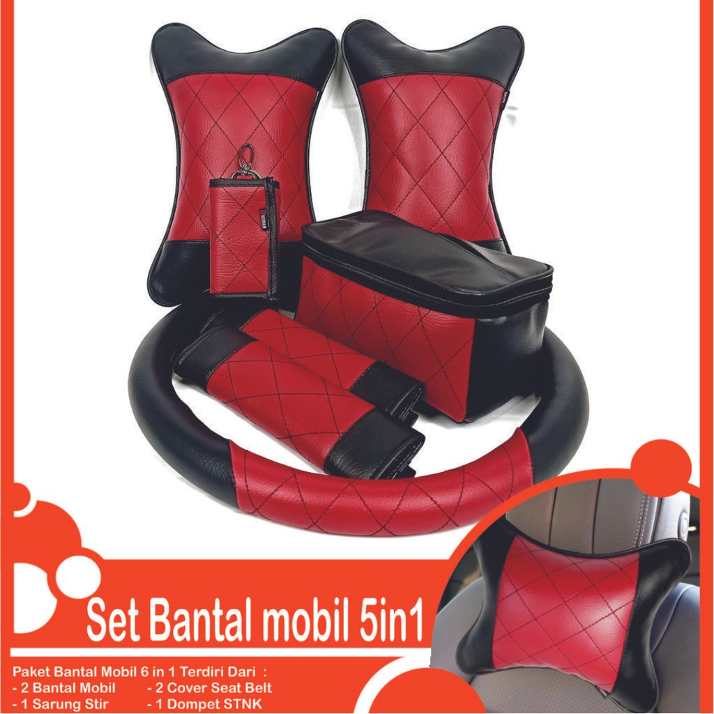 Set Bantal Mobil 5 in 1 Premium Bantal Leher Cover Stir Seatbelt Tempat Tisu Free Dompet STNK