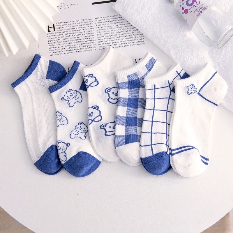 Kaos Kaki Wanita Motif Bear Biru Fashion Korea