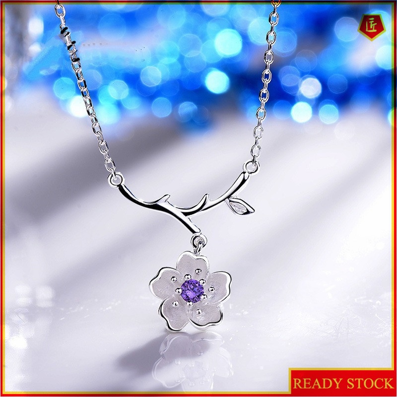 [Ready Stock]Fashion Pink Diamond Purple Diamond Cherry Blossom Necklace Flower Branch Pendant