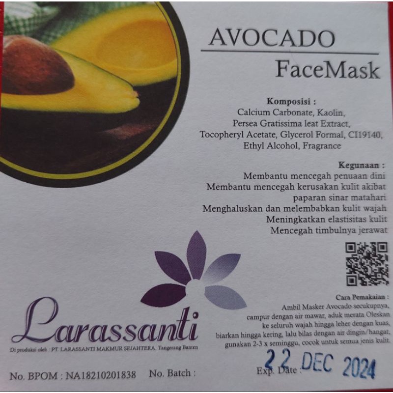 MASKER AVOCADO (BPOM) LARASSANTI 500 GR