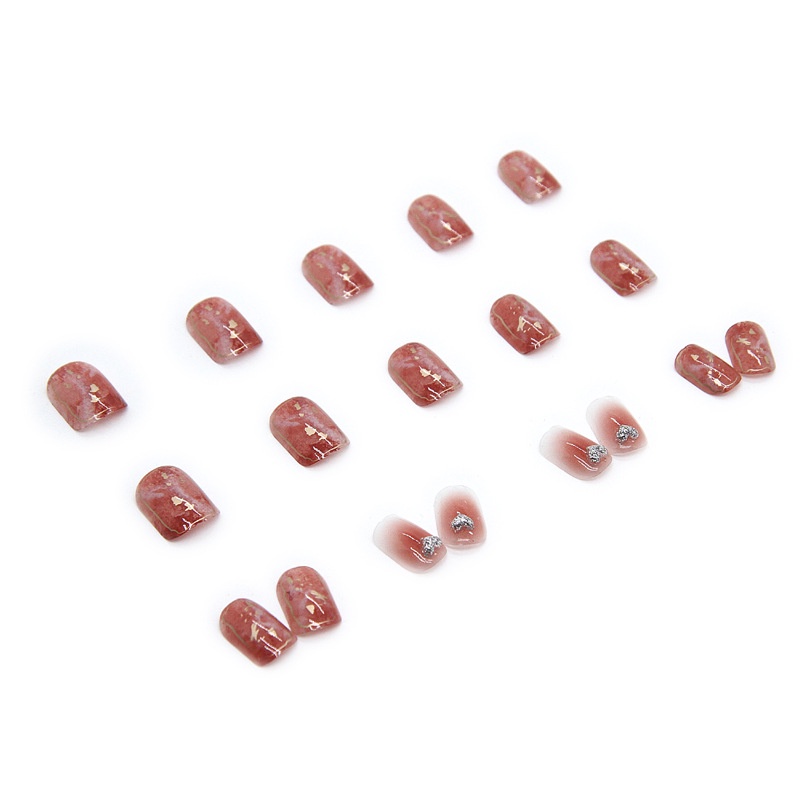 24pcs / box Kuku Palsu Warna Merah Gradasi Silver Aksen Hati Berlian Imitasi Glitter Untuk Nail Art