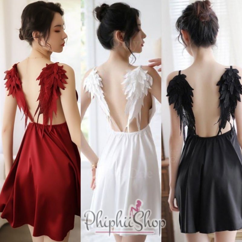 Lingerie Dress Angel Wings Sayap Peri Satin Silk V neck Sexy Night Gown