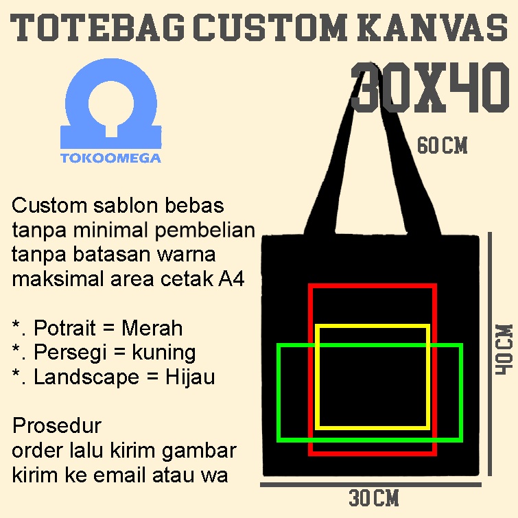 tokoomega Totebag Custom Kanvas Hitam Premium 30x40