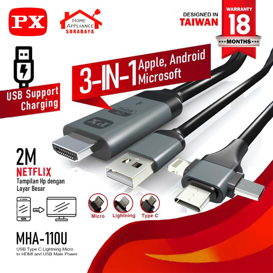 Kabel MHL HDMI to Micro Type C Lightning ke TV IOS Android PX MHA-110U