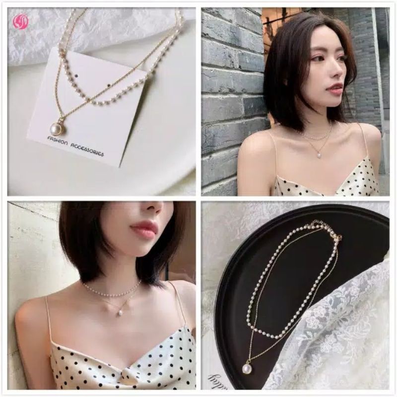 FerenHongXia kalung rantai liontin mutiara ganda model korea fashion