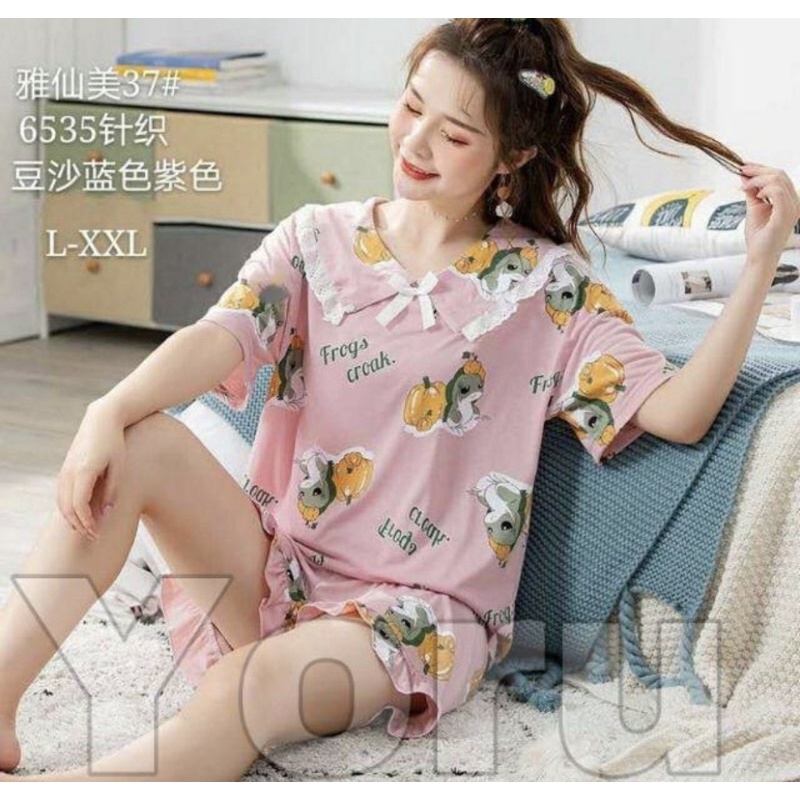 BAJU TIDUR COTTON IMPORT SET HOTPANTS RENDA SIZE M-2XL NEW COLLECTION PIYAMA REMAJA KAOS LILAC CUTE