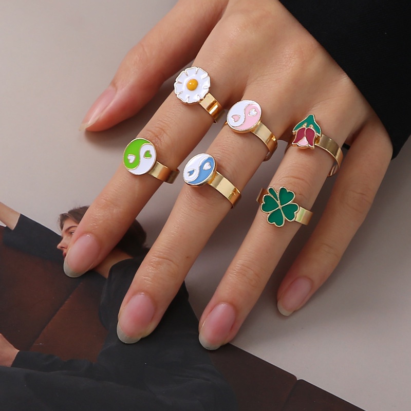 Korean Simple Gold Rings Oil Dripping Vintage Ins Style Heart Shape Colorful Ring for Women Jewelry Fashion Accessories