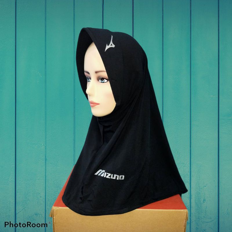 Hijab Sport Hijab Instan Sport Kerudung Olahraga Volly, Bersepedah, Joging Berlogo MIZUNO-Hitam lis silver
