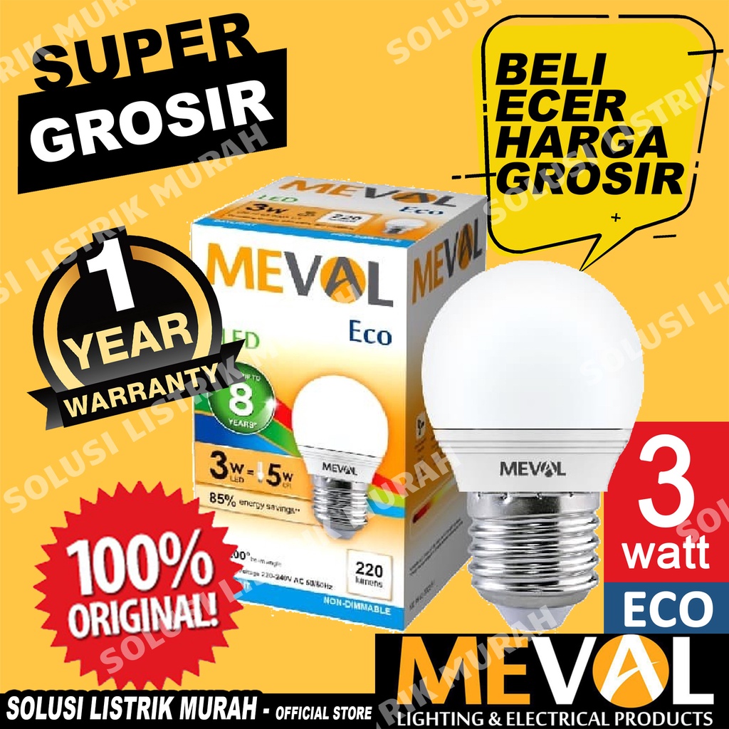 MEVAL Lampu Led Eco 3W Bulb Putih / Warm White / Kuning