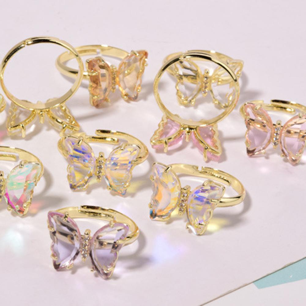 AUGUSTINA Agustinina Kristal Kupu-Kupu Cincin AB Berlian Adjustable DIY Nail Art Shiny Nail Aksesoris Foto Properti Perhiasan Kuku