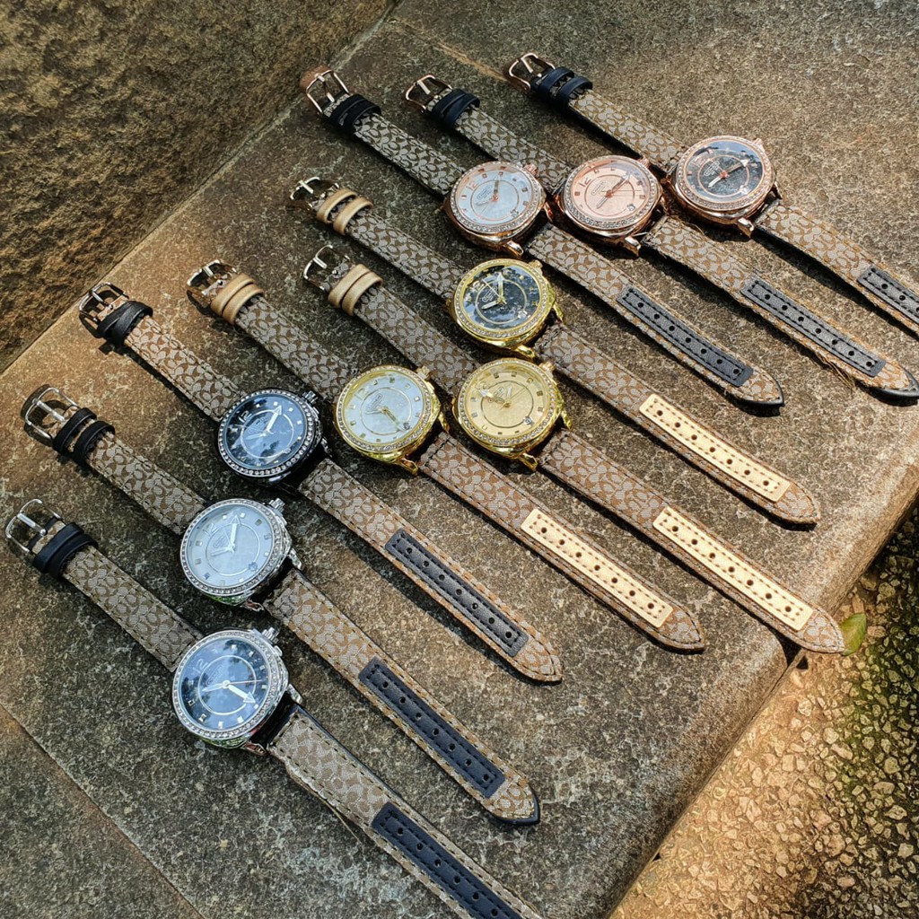 Jam Tangan Wanita Coach Tali Kulit Permata Tanggal Aktif Free Box Merek Coach