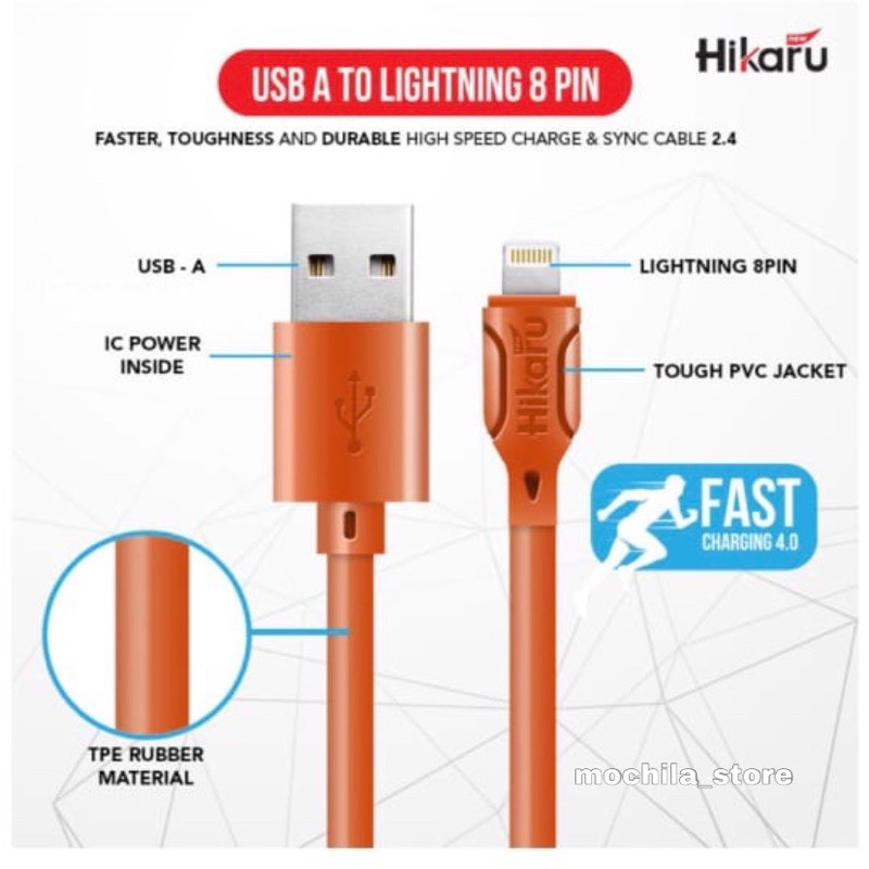 Kabel Data Fast Charging Iphone - Lightning 8 Pin - Dura Fast 2.4A - 1 Meter - Fast Charger - Hikaru