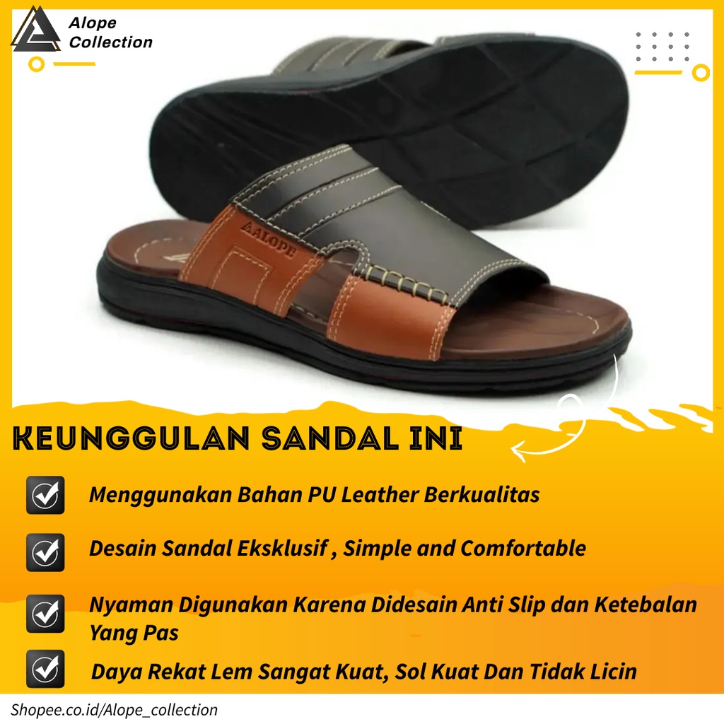 Sendal Sandal Slop Selop Kulit Pria Cowok Dewasa Original Berkualitas Import Kekinian Casual Terbaru-1