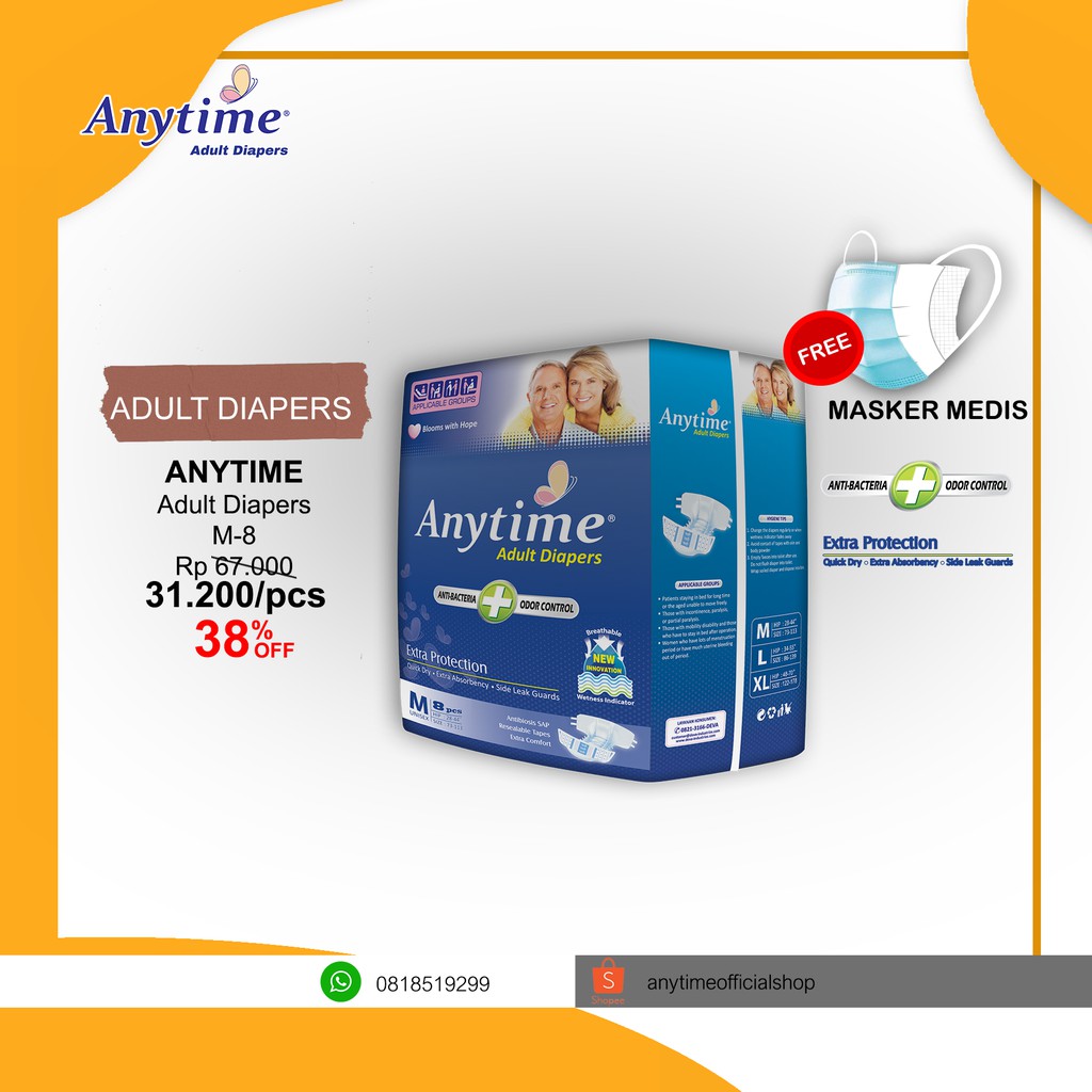 

Anytime Popok Dewasa / Adult Diapers Size M8 & L7 - We Care With Confidence And Lifree