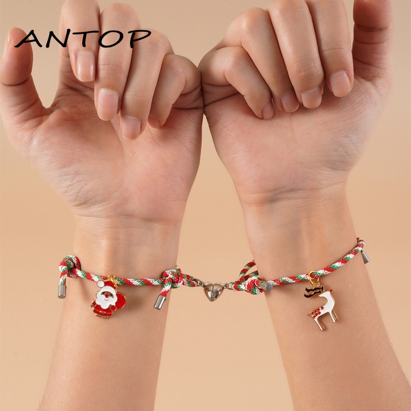 2 Pcs Beberapa Magnet Gelang Menarik Santa Claus Kreatif Adjustable Pesona Gelang Cinta Hadiah Natal ANTOP