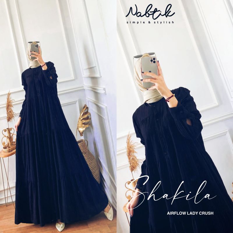 Shakila Maxy Dress Gamis Crinkle Airflow Lady Crush Premium Full Kancing-Shakila navy