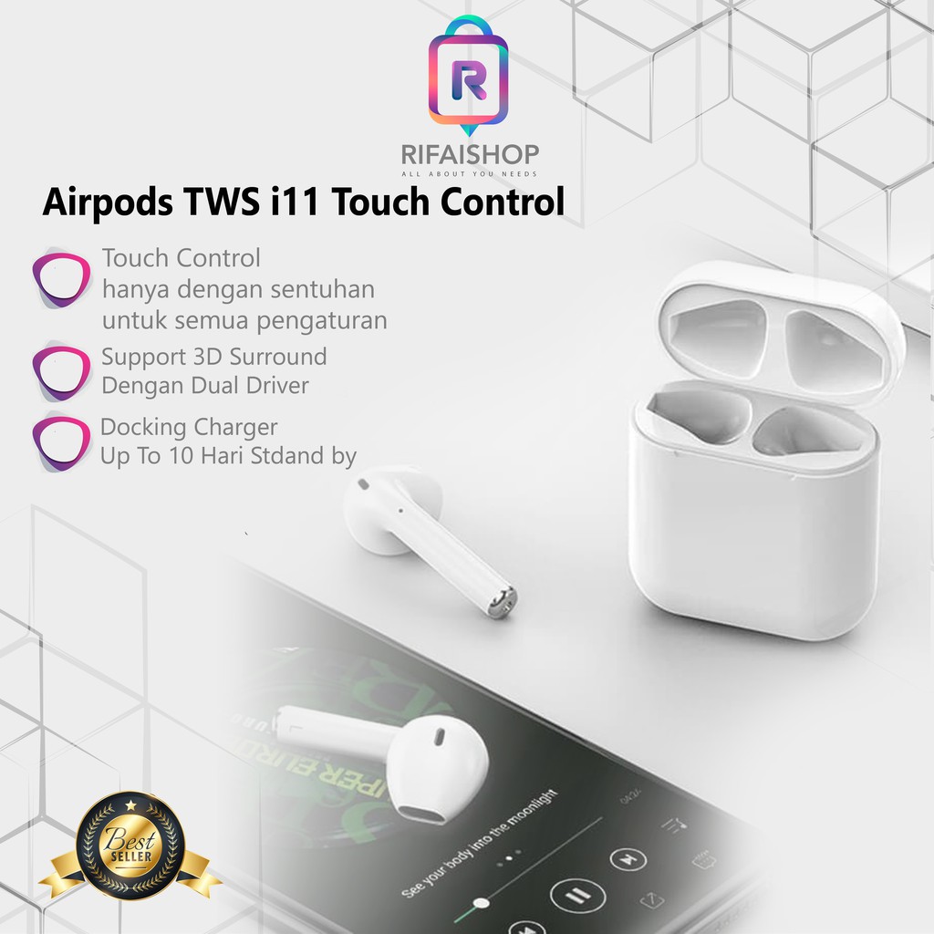 Headset Bluetooth Wirelless TWS Air pods 11 Touch Control Full Bass