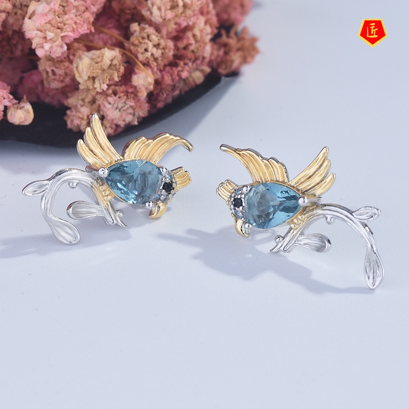 [Ready Stock]Creative Inlaid Sapphire Bird Branch Ear Studs