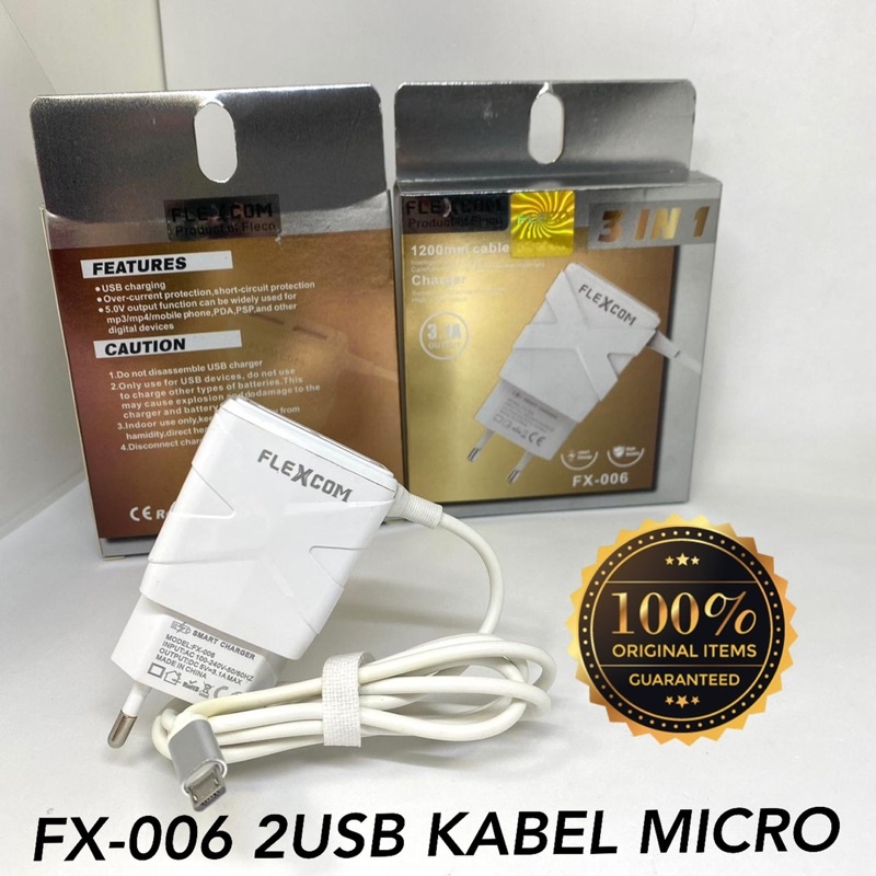 PROMO CHARGER FLEXCOM FX006 2USB PLUS KABEL MICRO ORIGINAL PRODUK SPONSORED BY FLECO