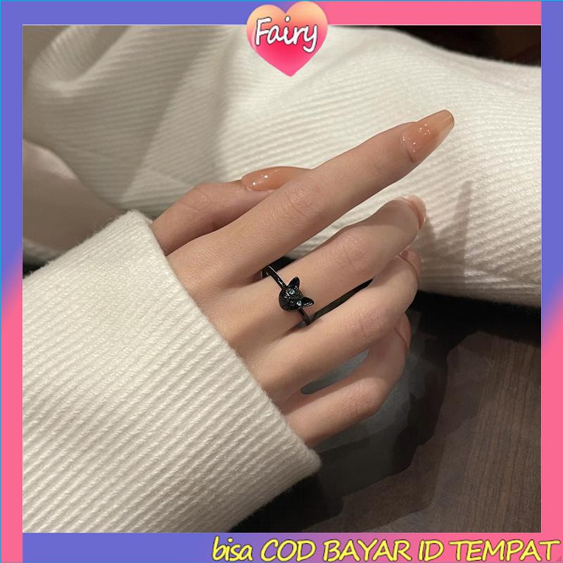 COD✨Cincin Jari Telunjuk Desain Kartun Kucing Hitam Untuk Wanita F