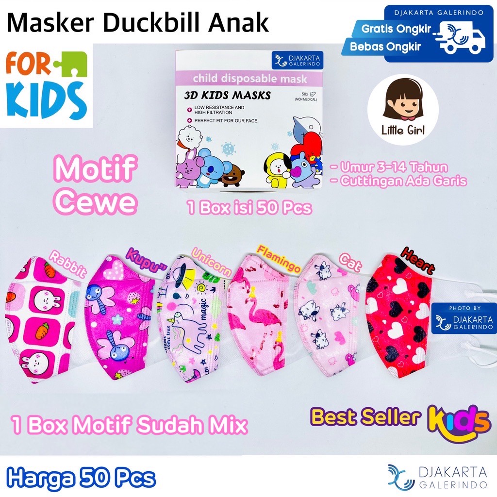 Masker Duckbill Anak Hello Kitty Sanrio Original Mix Motif isi 50Pcs