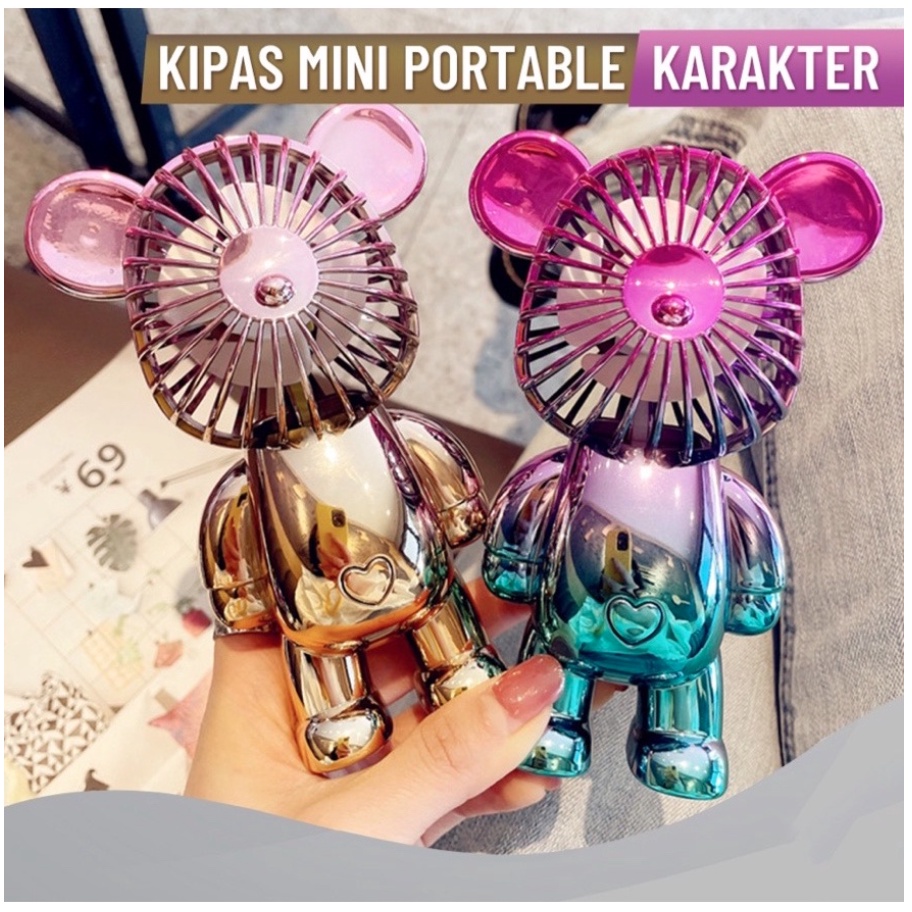 Kipas Angin Gradasi Motif BEAR Mini Portable USB Charge Kipas Angin Genggam Rechargeable Fan 3-Speed Kipas Beruang Alas Anti Selip