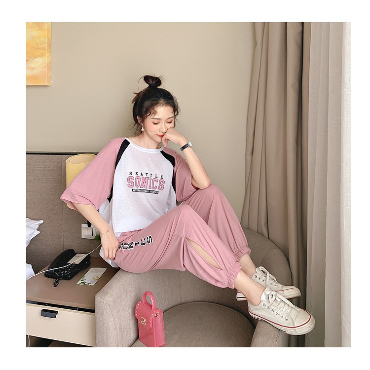 KSE-22 set atasan bawahan celana olahraga wanita import korea jepang cotton biru pink hijau pastel