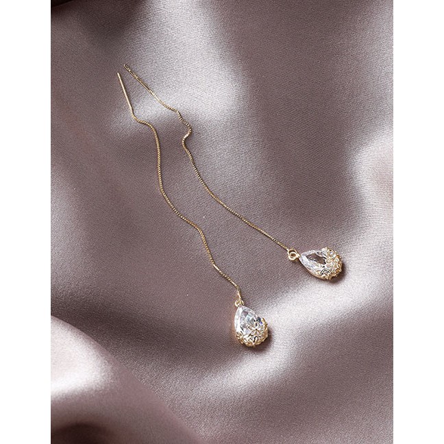 LRC Anting Tusuk Fashion Gold 925 Silver Needle Pattern Artificial Crystal Drop Ear Line D35276