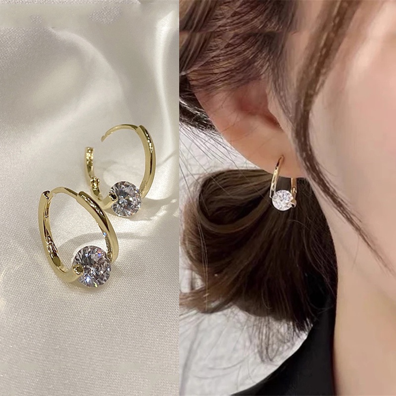 Anting Stud Zircon Kristal Warna Emas Silver Gaya Korea Untuk Wanita