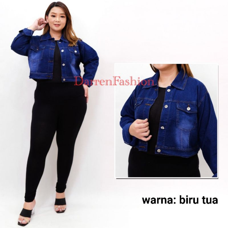 Jaket Crop Jumbo Big Size. Jaket Crop Wanita Jumbo Murah . Jaket Oversize Over Size-Biru Tua
