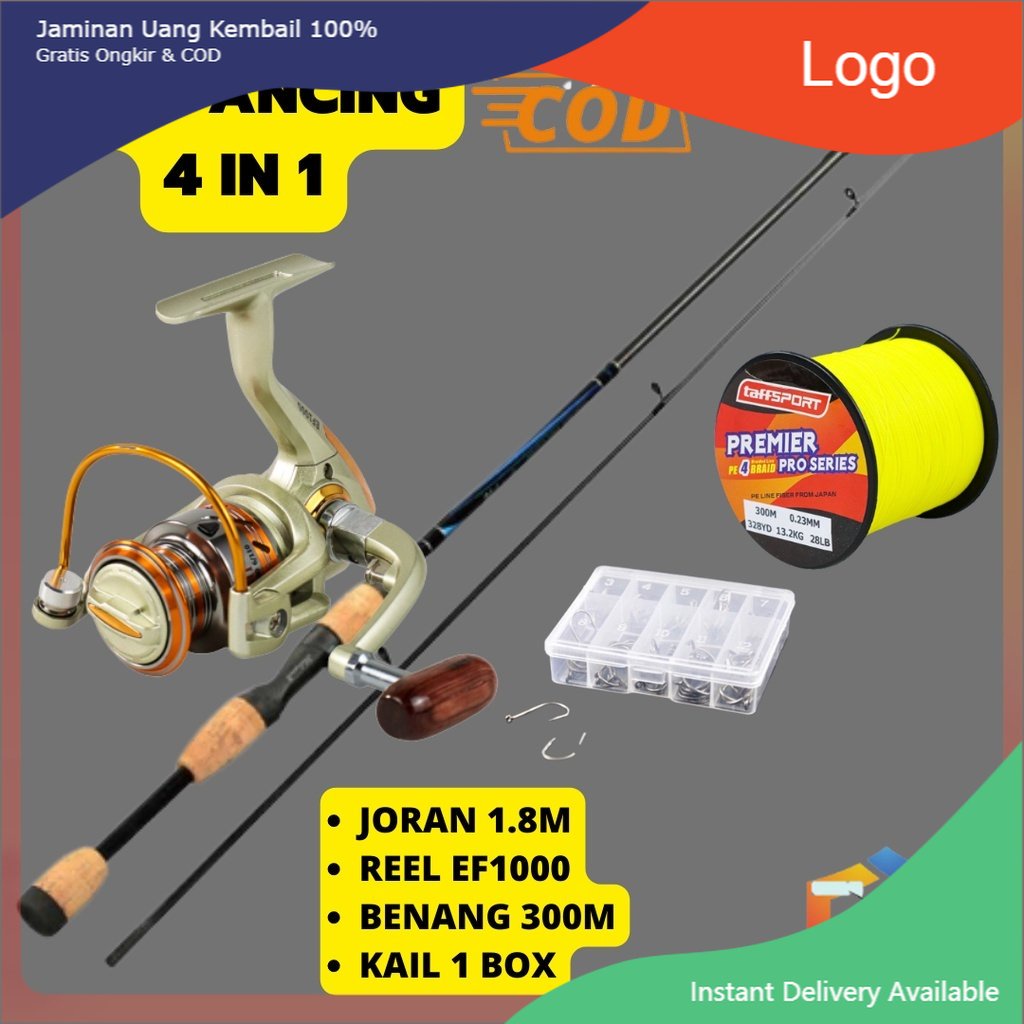 Promo COD Set Pancing Kolam Sungai Joran Reel Mata Kail Stik 180CM Katrol EF1000 Gulungan Pancing 12